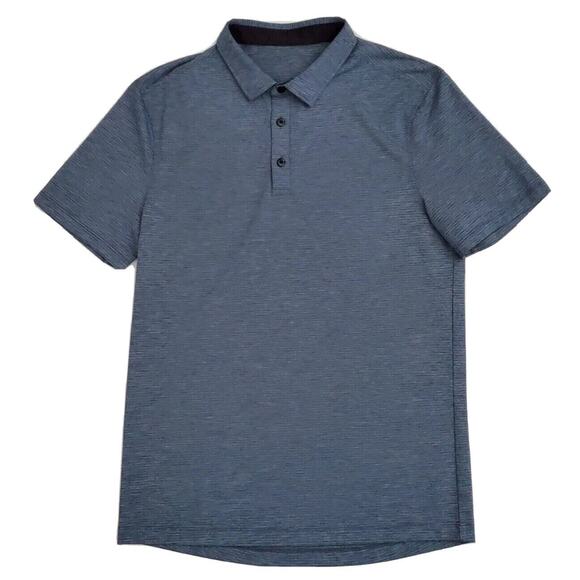Lululemon (Mens Medium) Gray Striped Short Sleeve Stretch Button Polo Golf Shirt - Picture 1 of 6